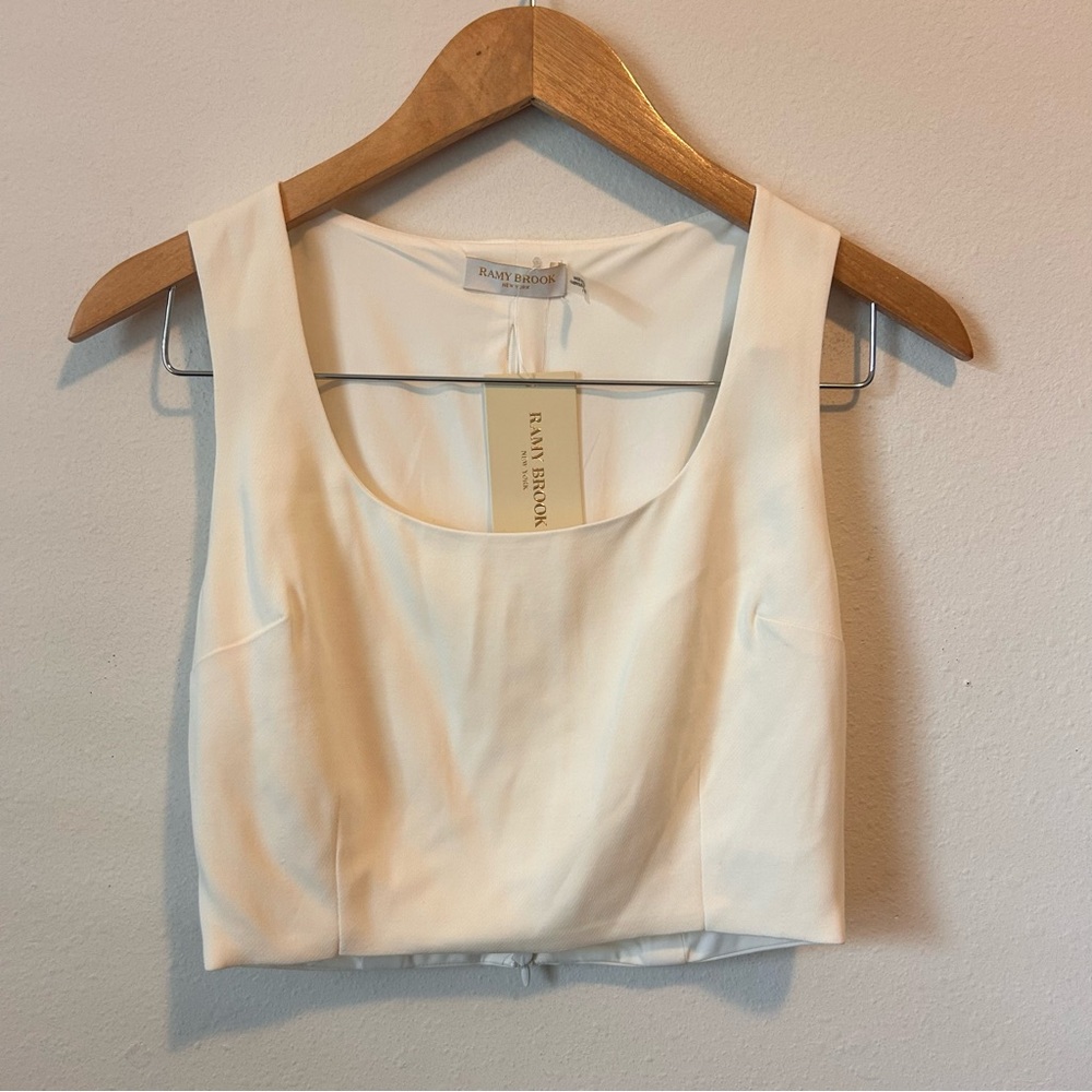 New! Ramy Brook Women’s 4 White Zipped Up Semi Cropped Square Neckline Blouse
